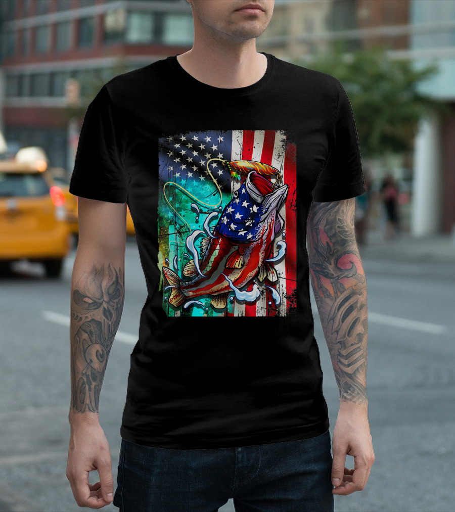Bass Fishing American Flag USA July 4th T-Shirt