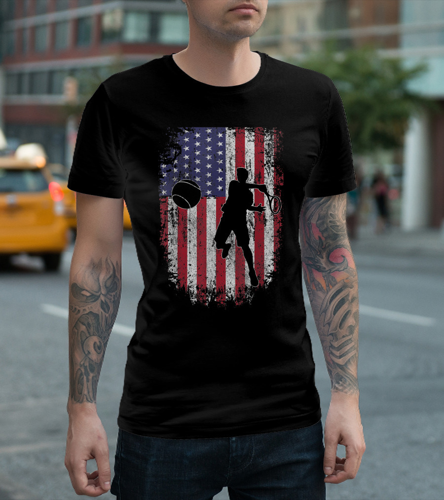 Tennis Player Silhouette with American Flag Stars and Stripes 4th of July USA Patriotic T-Shirt