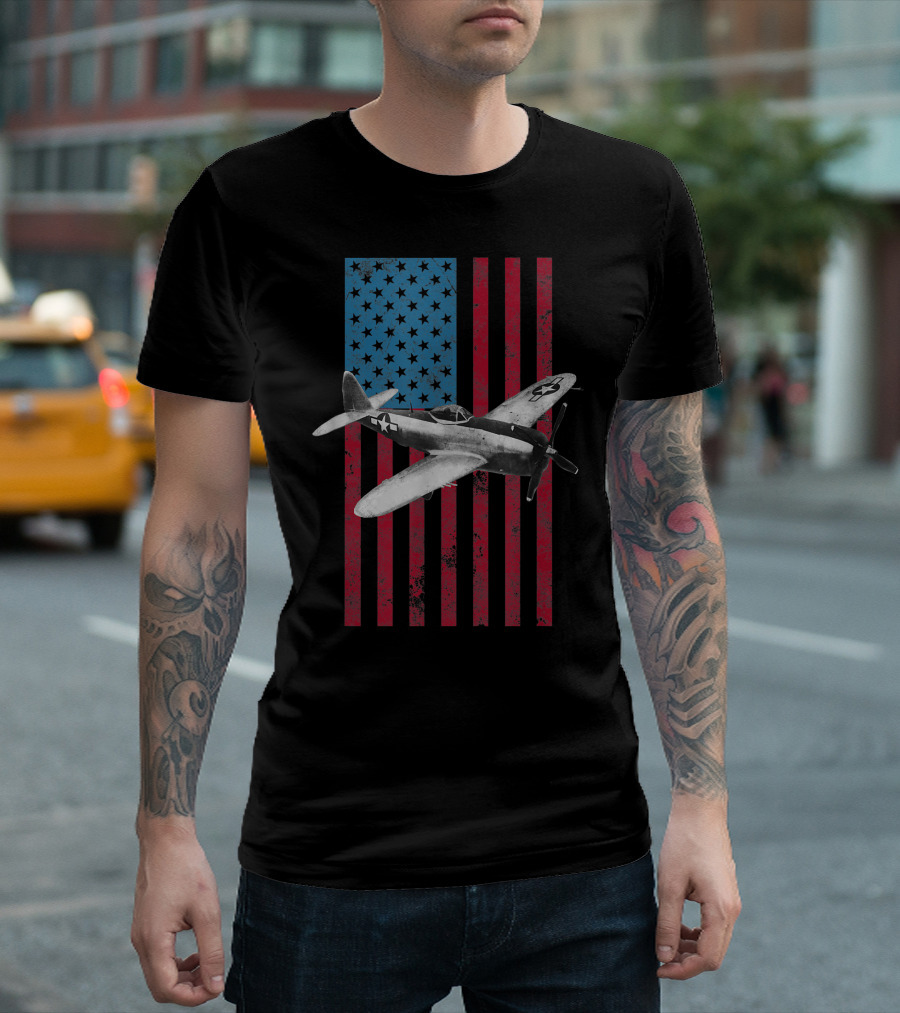 P 47 Thunderbolt USA American Flag Military Aircraft T-Shirt