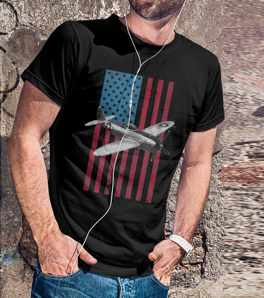 P 47 Thunderbolt USA American Flag Military Aircraft T-Shirt