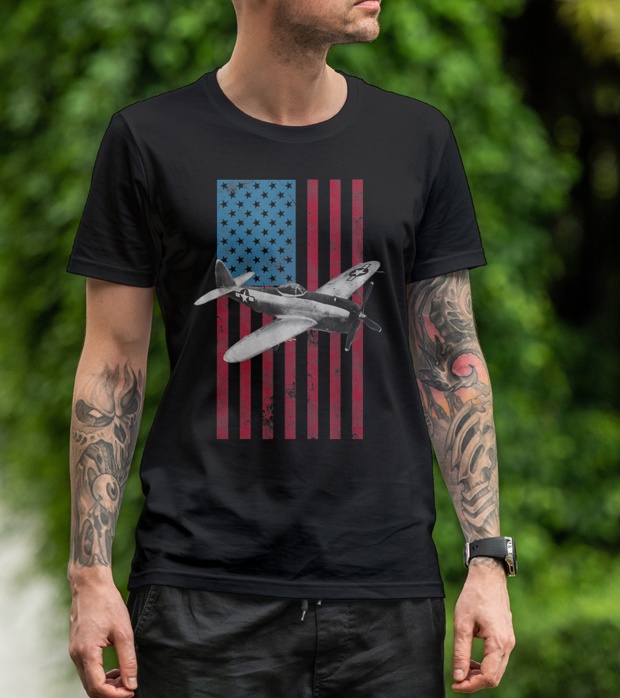 P 47 Thunderbolt USA American Flag Military Aircraft T-Shirt