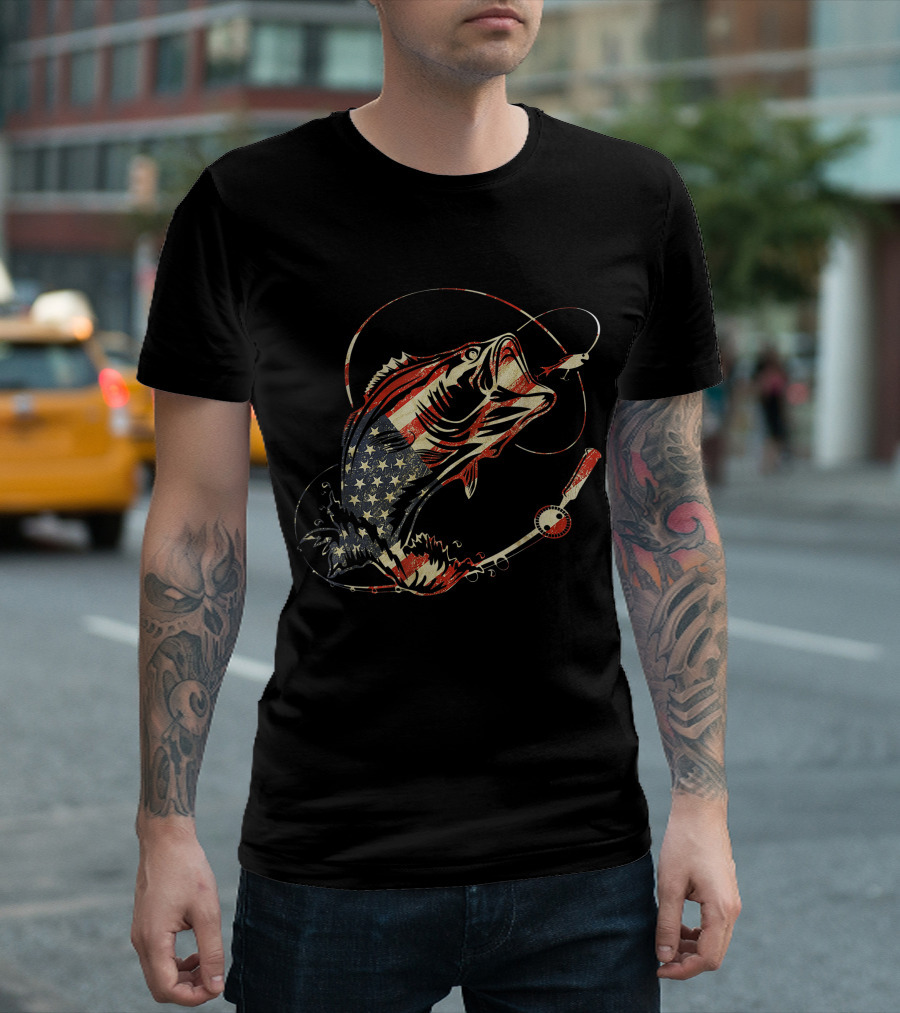 American Flag Bass Fishing 4th Of July Fishman T-Shirt