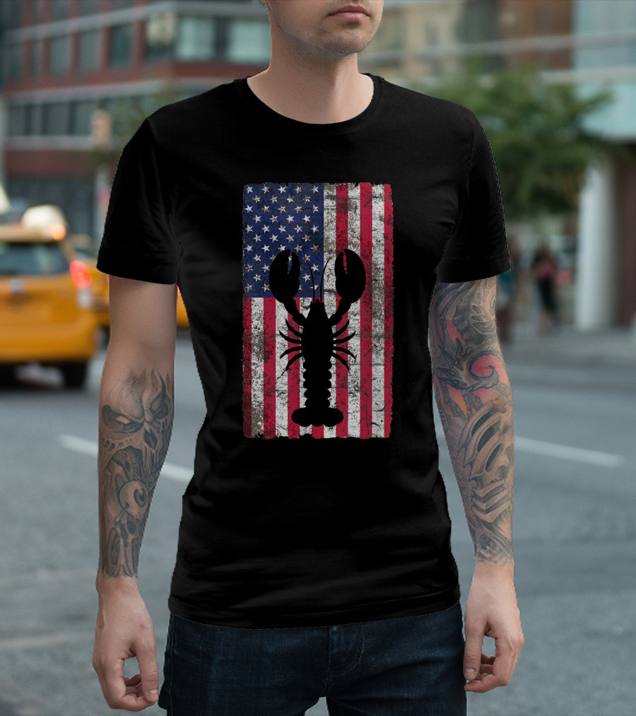 Retro Lobster Silhouette With American Flag For 4th Of July T-Shirt