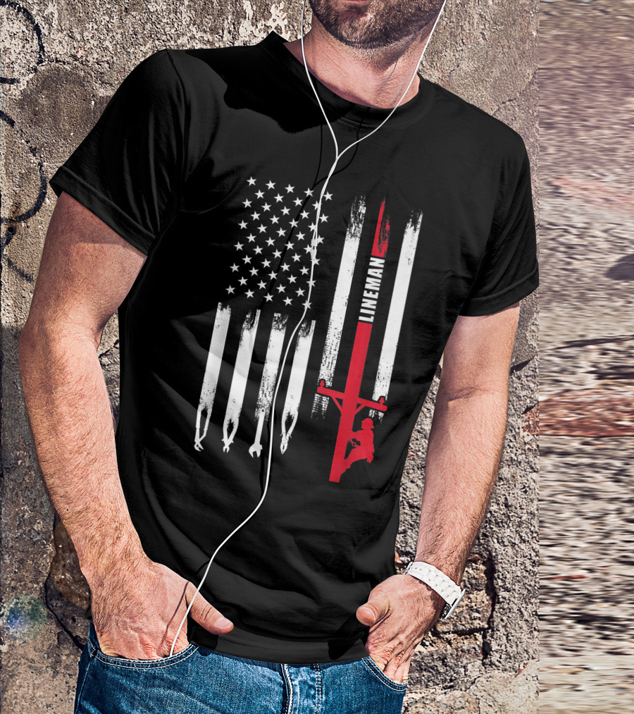 American Flag Lineman 4th Of July Tribute With Patriotic Tools And Worker T-Shirt