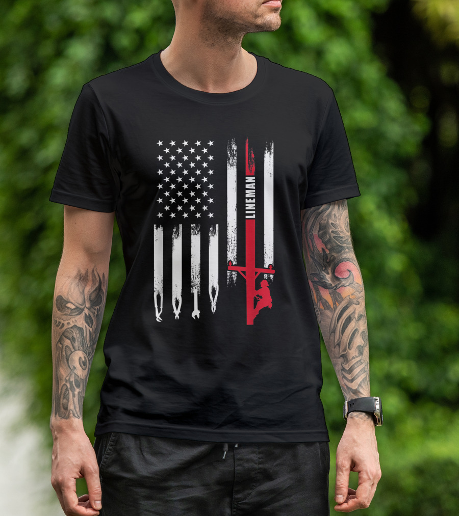 American Flag Lineman 4th Of July Tribute With Patriotic Tools And Worker T-Shirt
