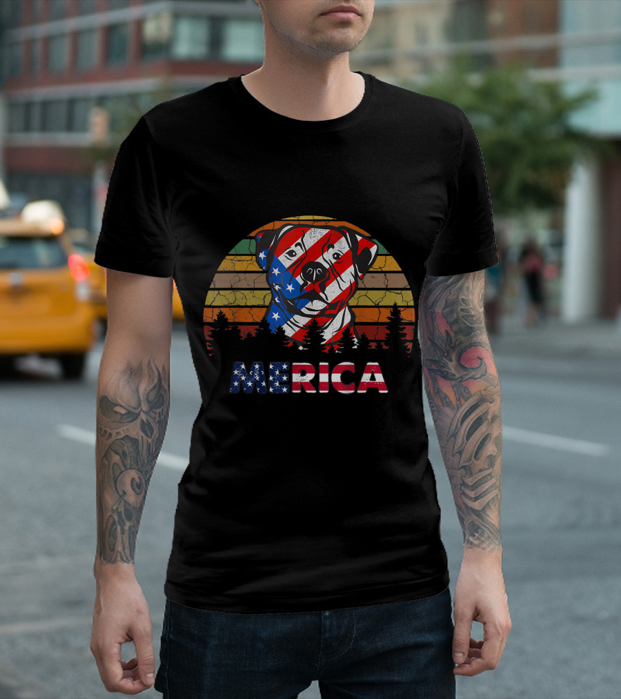 Merica Pitbull American Flag Fourth Of July Vintage Forest Sunset T-Shirt