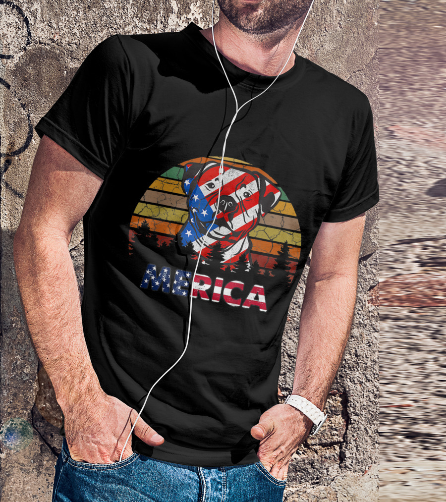 Merica Pitbull American Flag Fourth Of July Vintage Forest Sunset T-Shirt