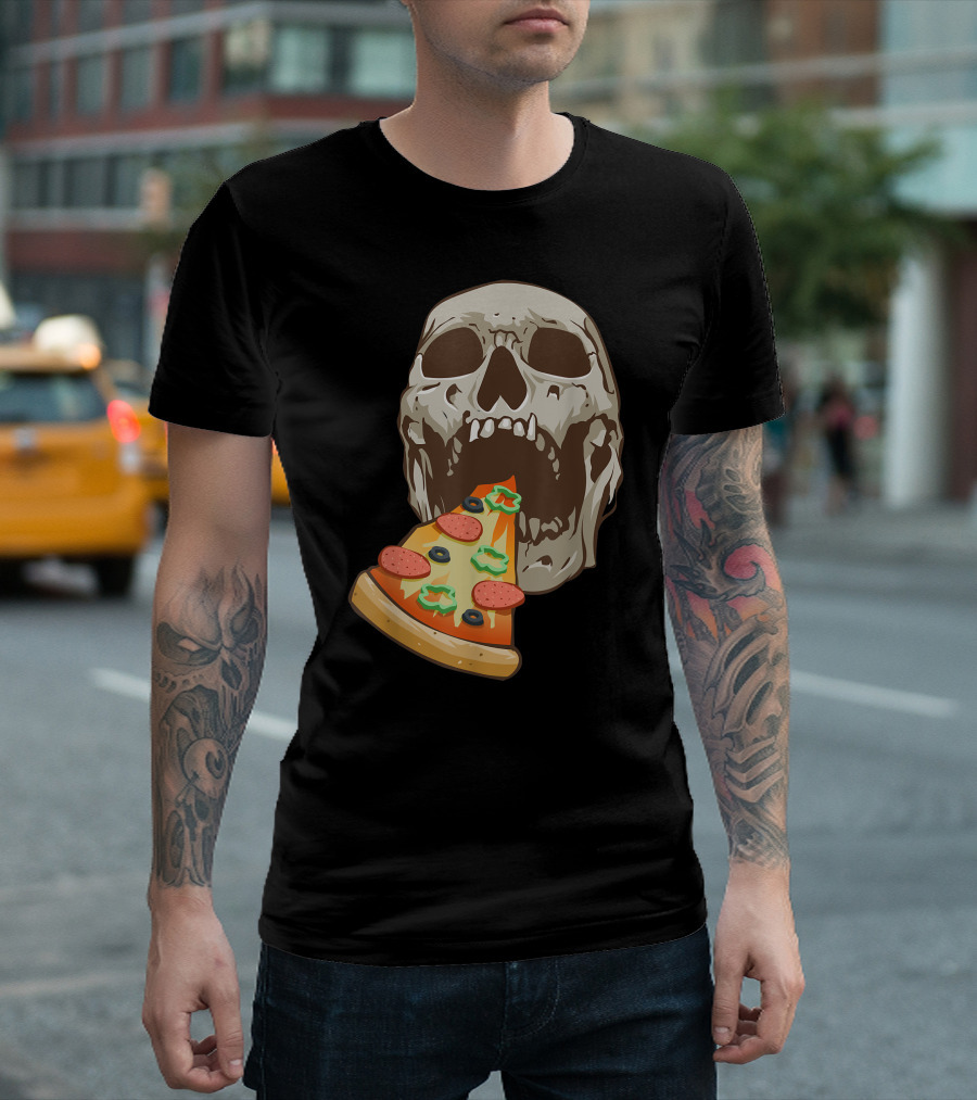 Halloween Scary Skull Eating Funny Pizza Costume T-Shirt