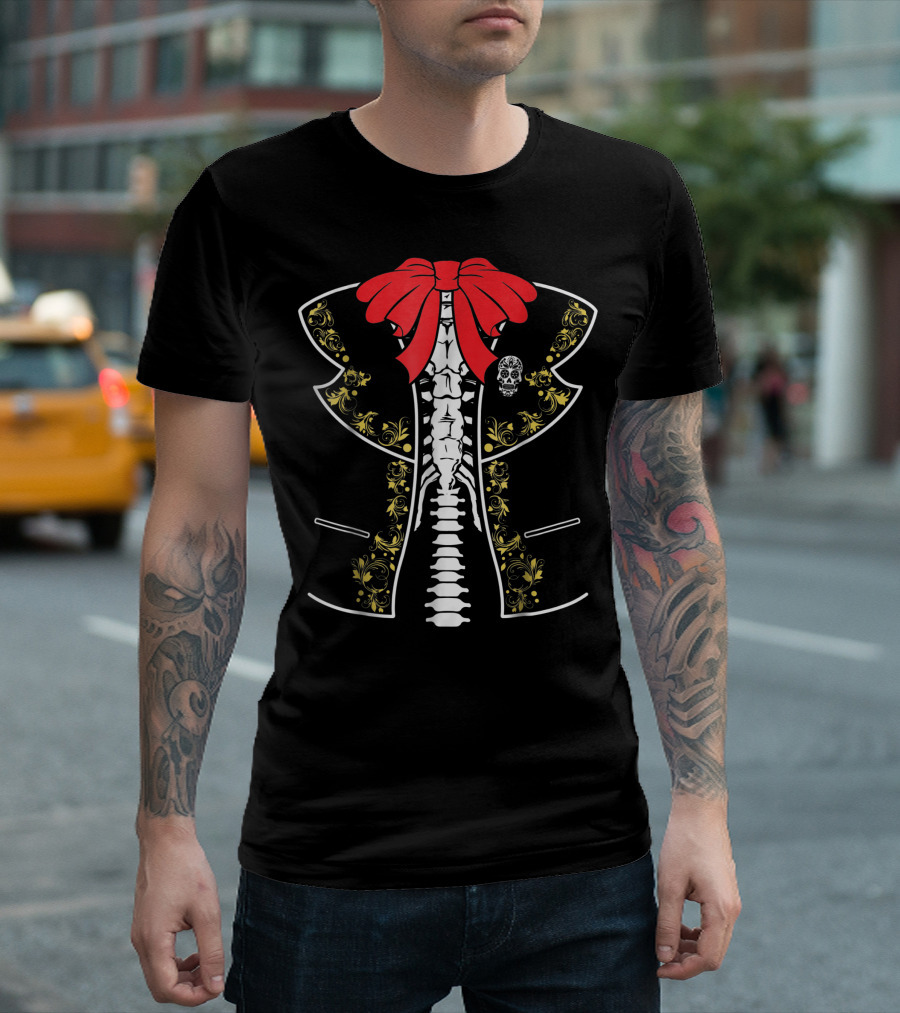 El Dia De Los Muertos Skeleton Suit With Red Bow And Skull T-Shirt