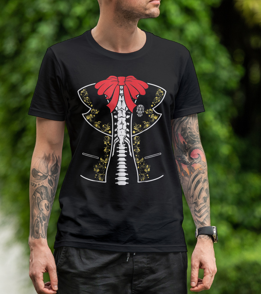 El Dia De Los Muertos Skeleton Suit With Red Bow And Skull T-Shirt