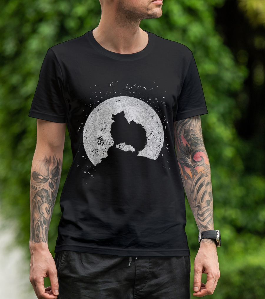 Pomeranian Silhouette Against Full Moon T-Shirt