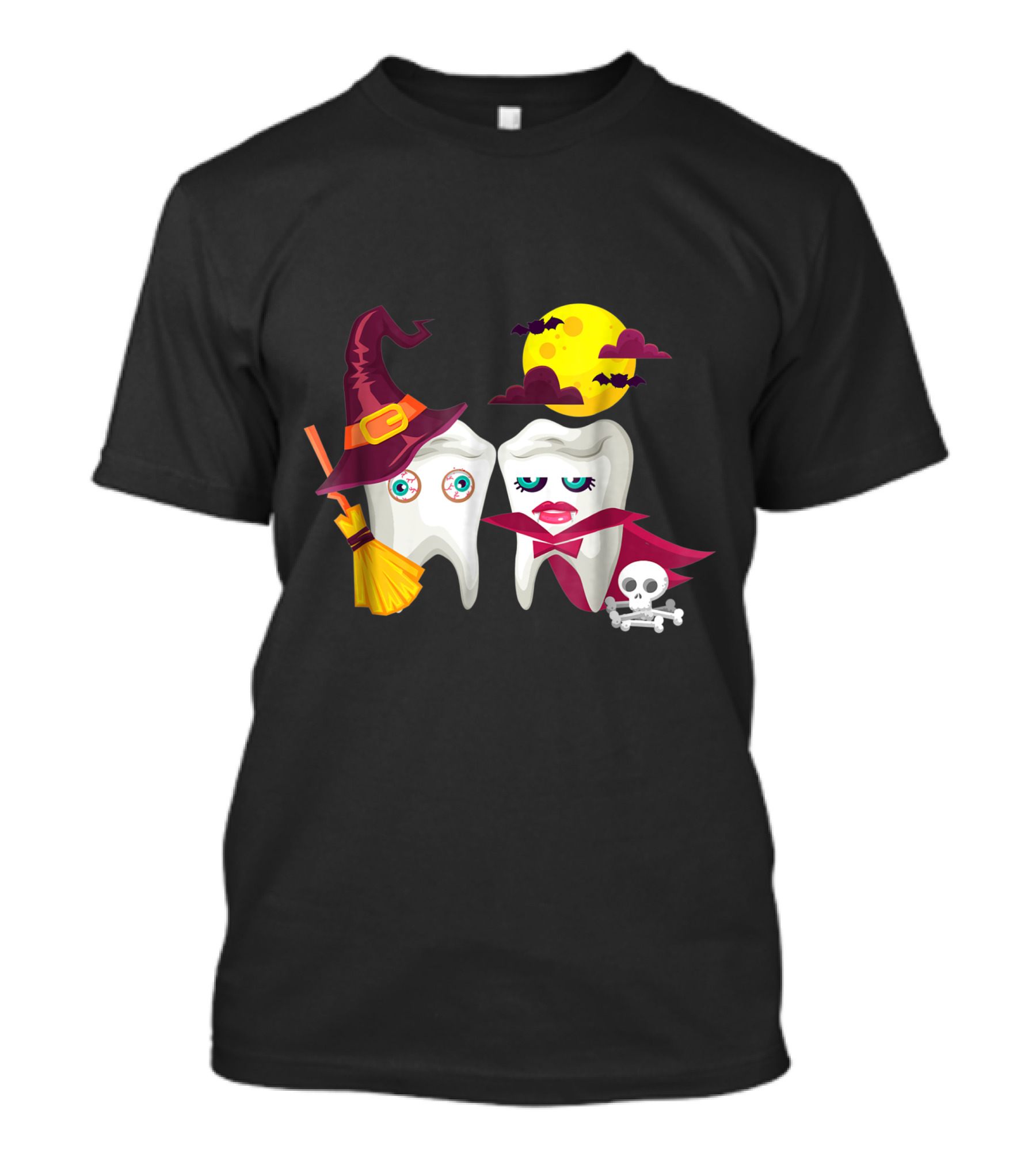 Scary Witch Vampire Halloween Dentist Dental Moon Bats Skeleton T-Shirt