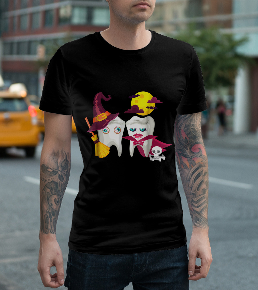 Scary Witch Vampire Halloween Dentist Dental Moon Bats Skeleton T-Shirt