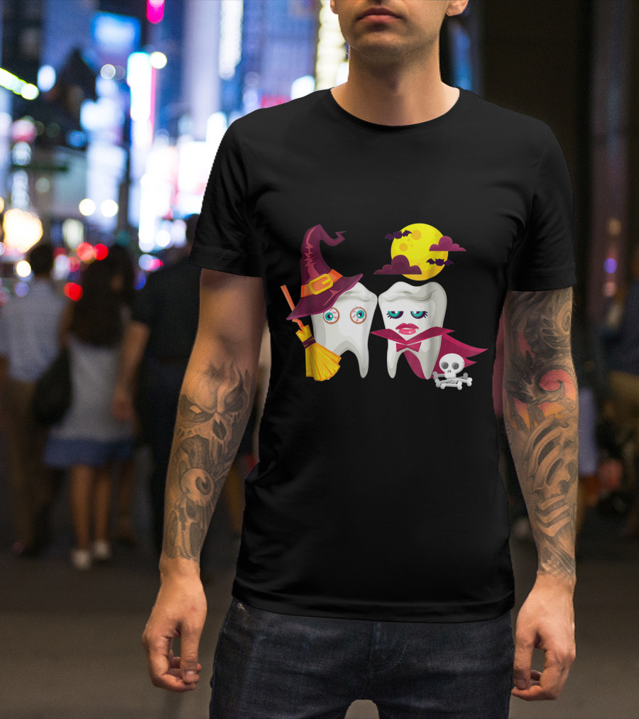 Scary Witch Vampire Halloween Dentist Dental Moon Bats Skeleton T-Shirt