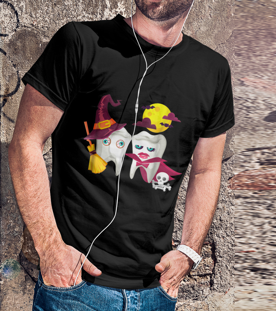 Scary Witch Vampire Halloween Dentist Dental Moon Bats Skeleton T-Shirt
