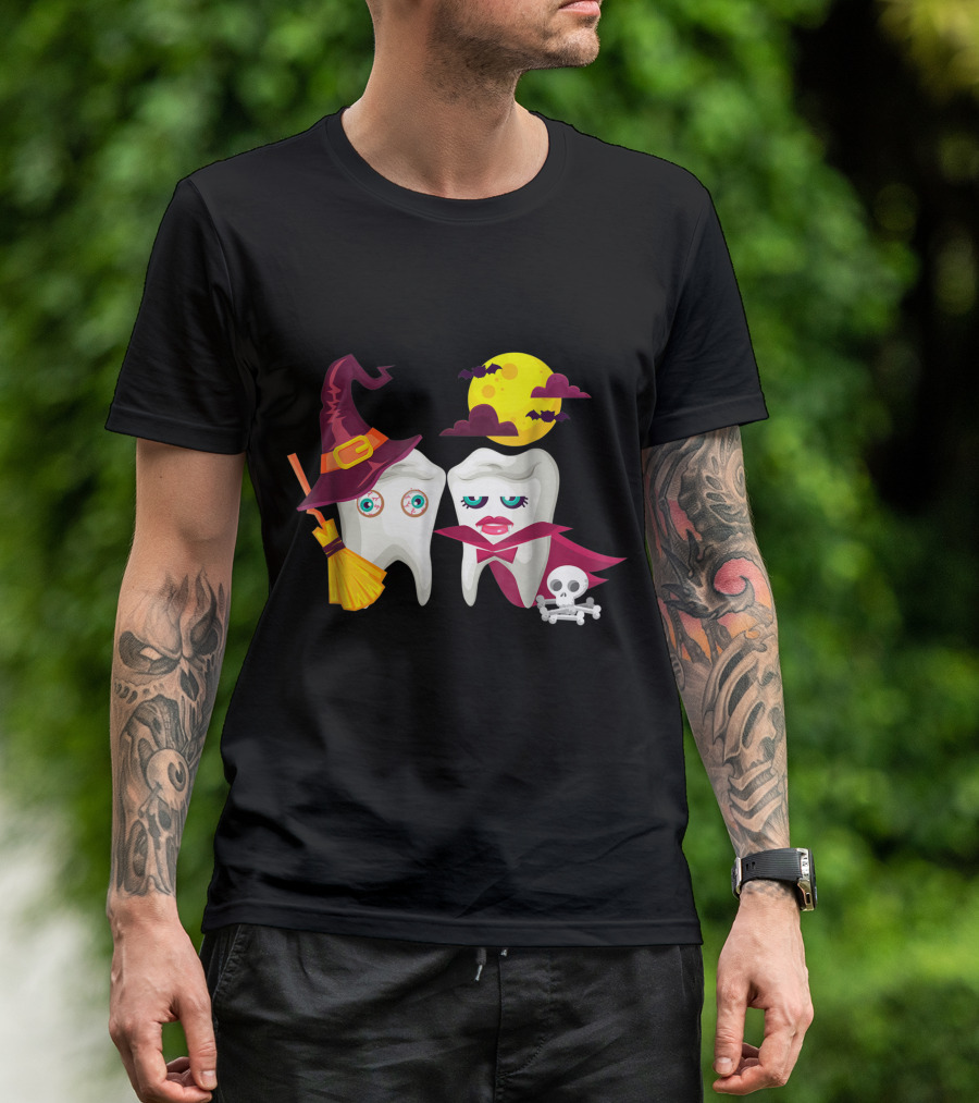 Scary Witch Vampire Halloween Dentist Dental Moon Bats Skeleton T-Shirt