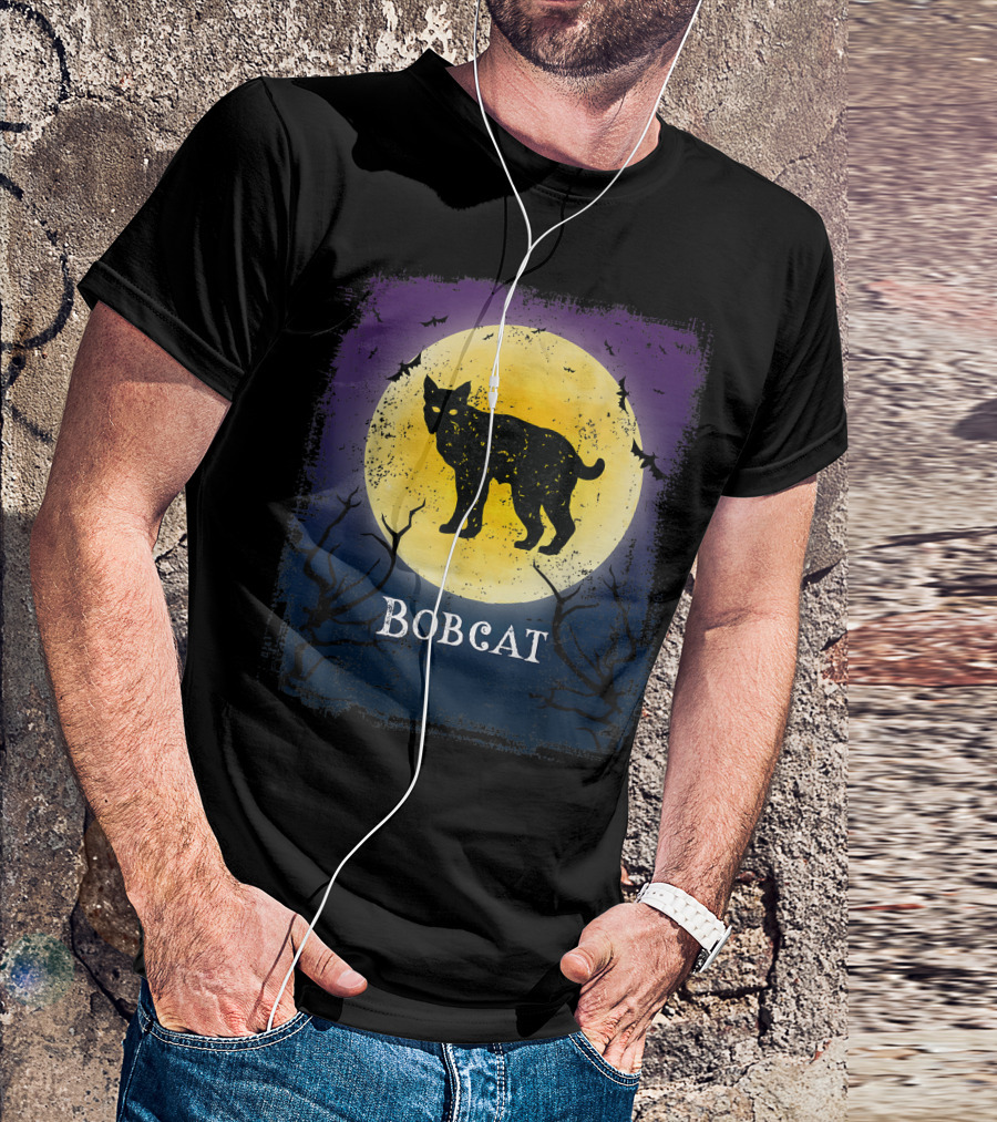 Bobcat Halloween Vintage Moon Bats T-Shirt