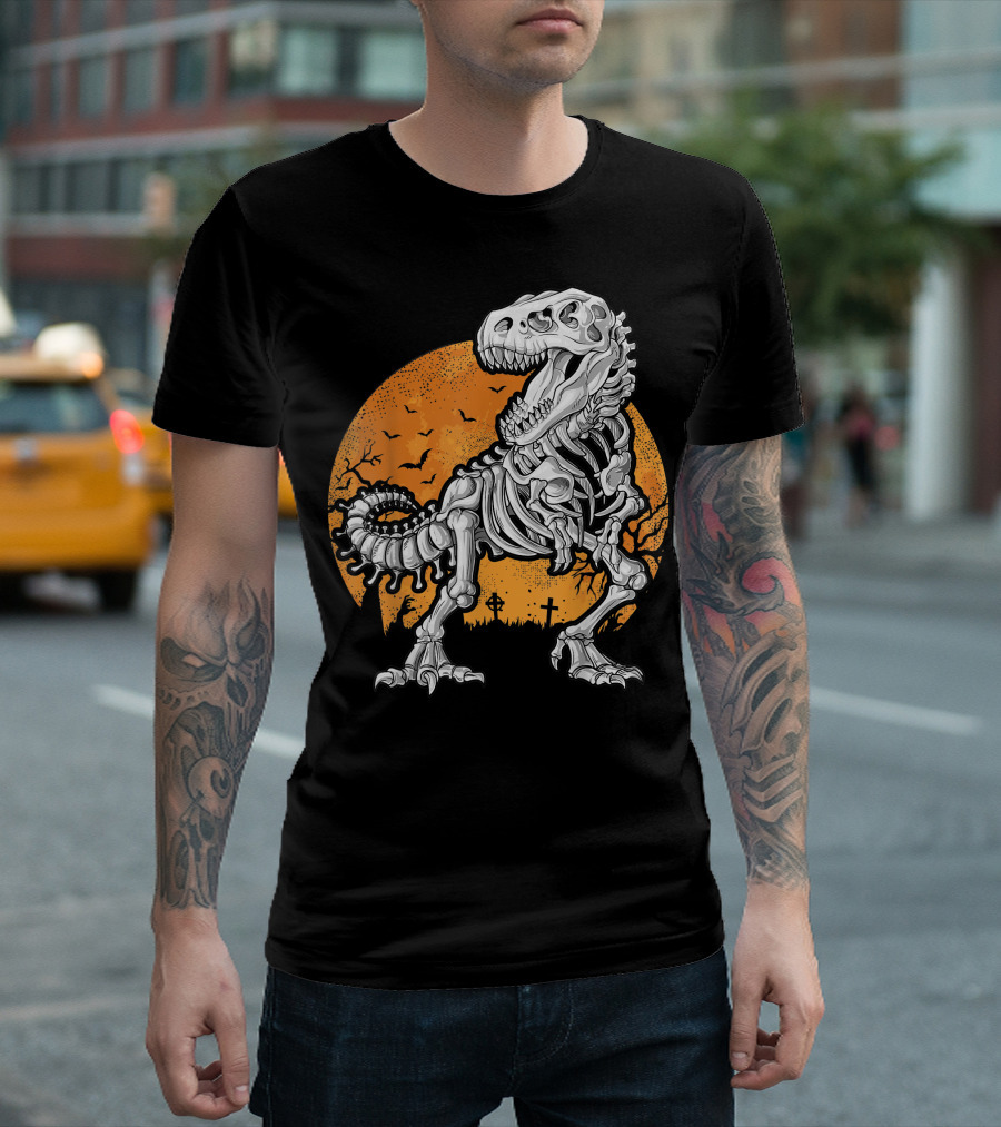 Dinosaur Skeleton Halloween Scene with T-Rex and Bats in Spooky Graveyard T-Shirt