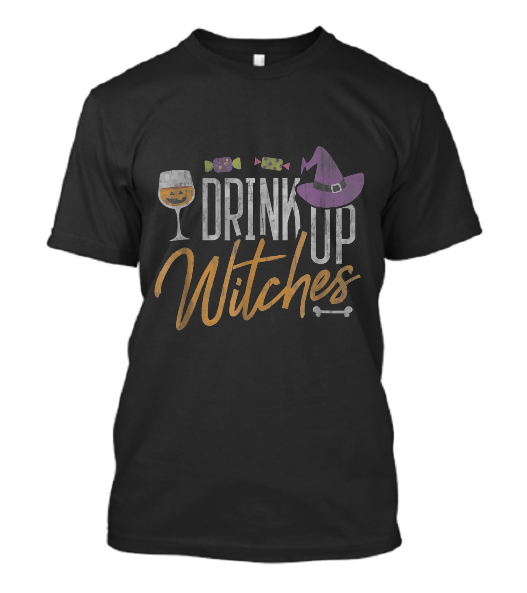 Drink Up Witches Funny Halloween Wine Glass Witch Hat Candy T-Shirt
