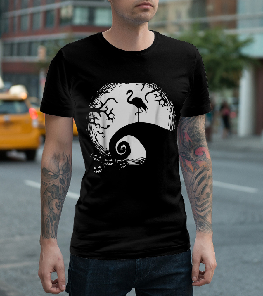 Funny Flamingo And Moon Halloween Spiral Hill T-Shirt