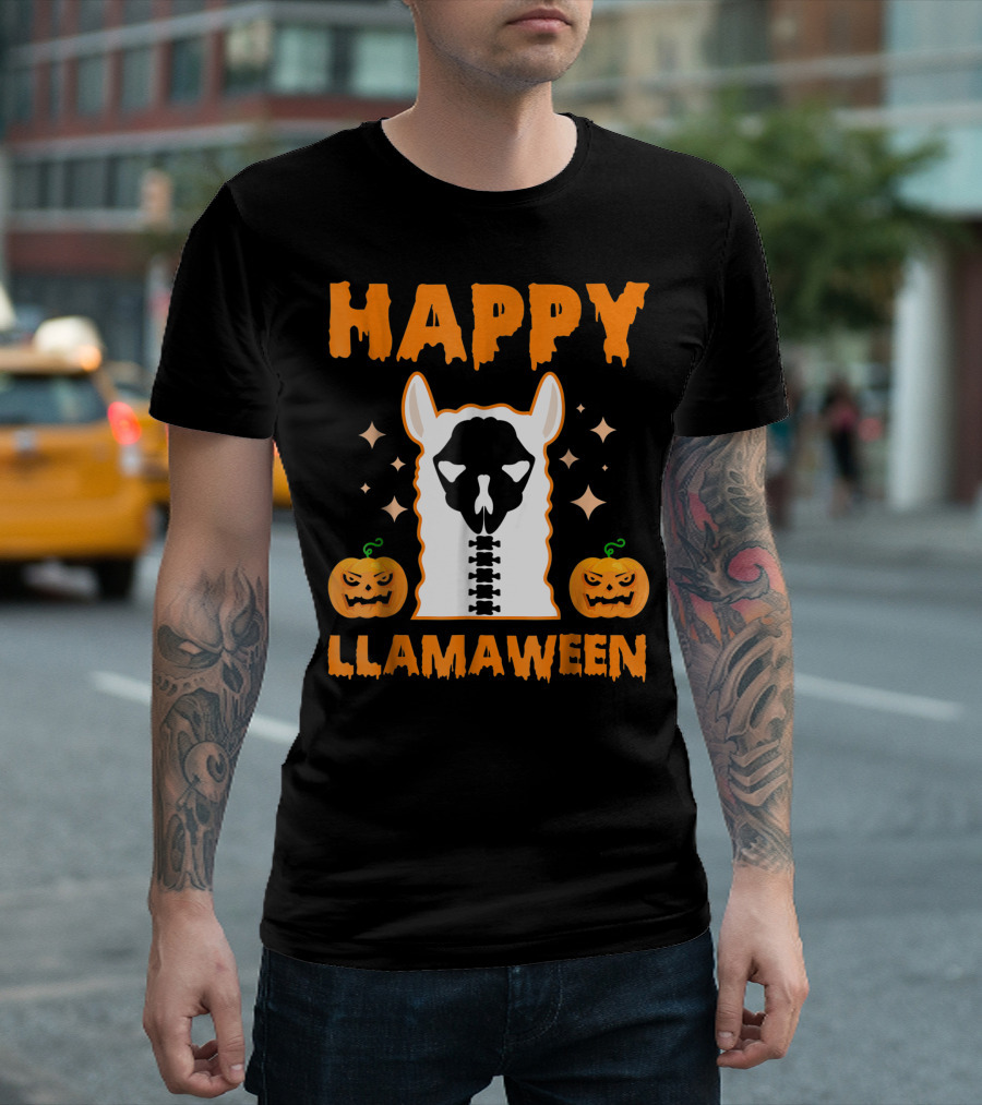 Happy Llamaween Halloween Llama Costume Skeleton with Pumpkins T-Shirt