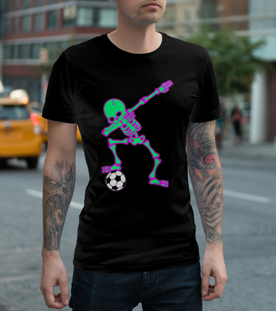 Dabbing Neon Skeleton with Soccer Ball Halloween Dab T-Shirt