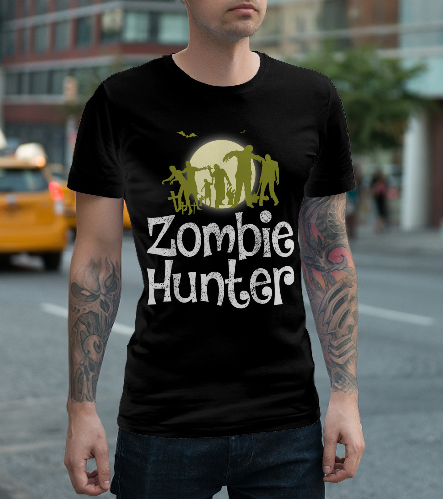 Halloween Zombie Hunter Spooky Moon Bats T-Shirt