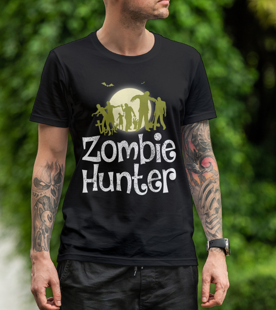 Halloween Zombie Hunter Spooky Moon Bats T-Shirt
