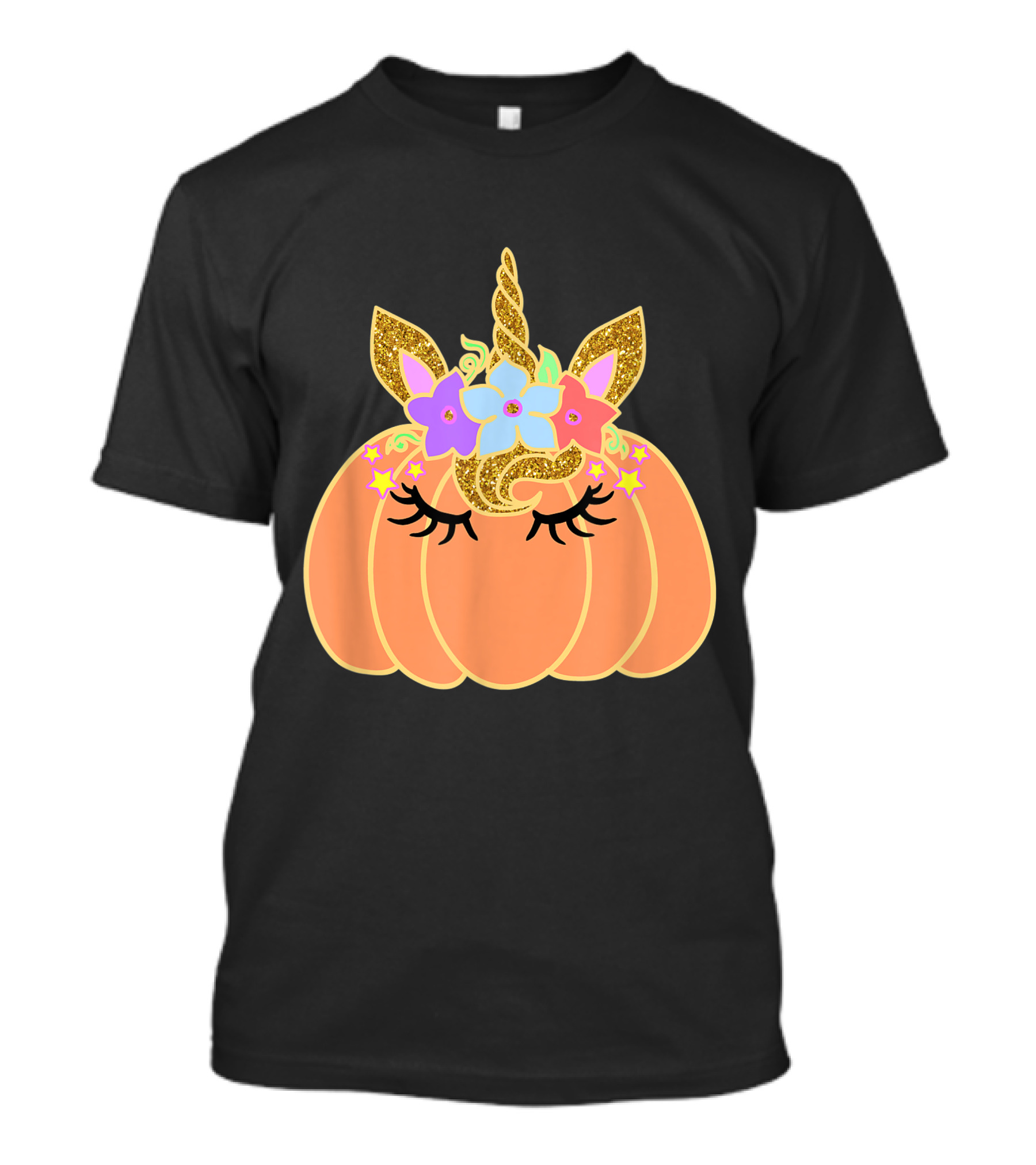 Unicorn Pumpkin With Gold Glitter Horn And Pastel Flowers T-Shirt
