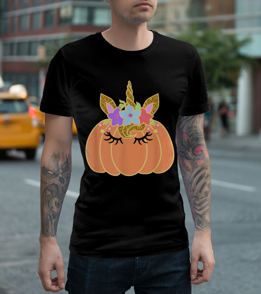 Unicorn Pumpkin With Gold Glitter Horn And Pastel Flowers T-Shirt