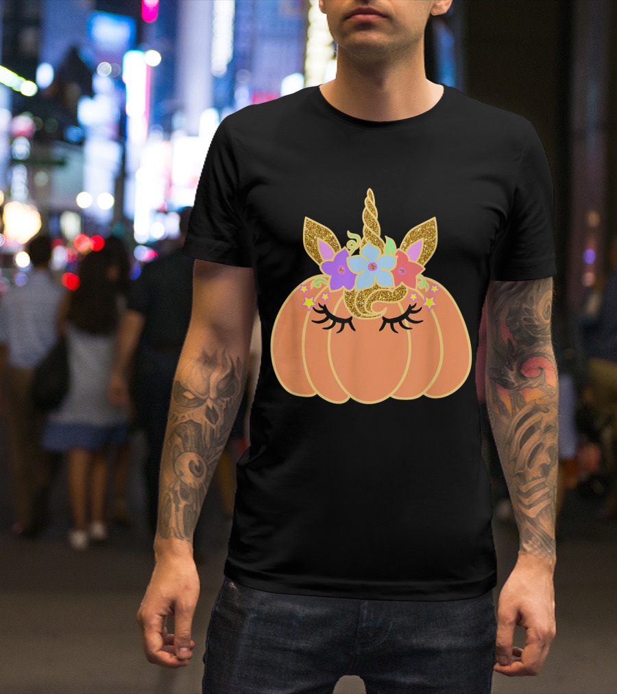 Unicorn Pumpkin With Gold Glitter Horn And Pastel Flowers T-Shirt