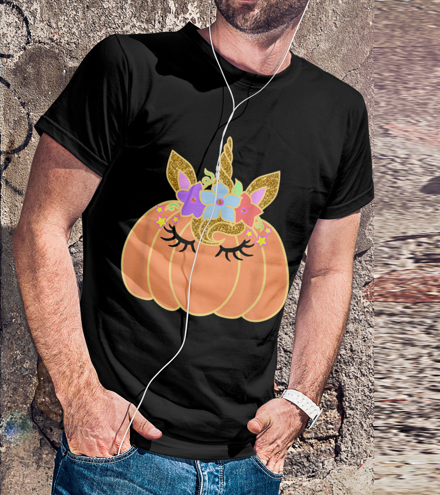 Unicorn Pumpkin With Gold Glitter Horn And Pastel Flowers T-Shirt