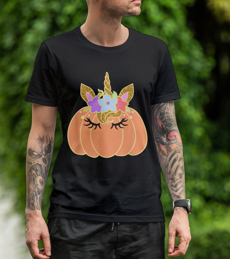 Unicorn Pumpkin With Gold Glitter Horn And Pastel Flowers T-Shirt