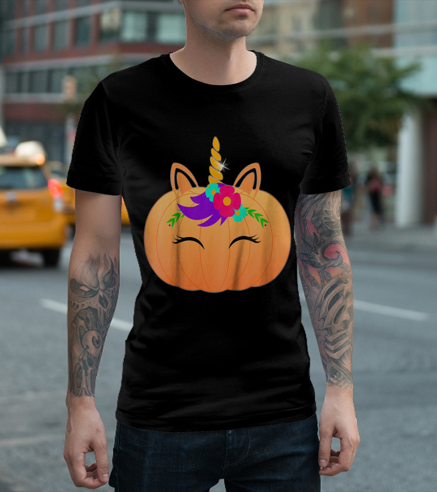 Kids Halloween Unicorn Pumpkin With Floral Decor T-Shirt