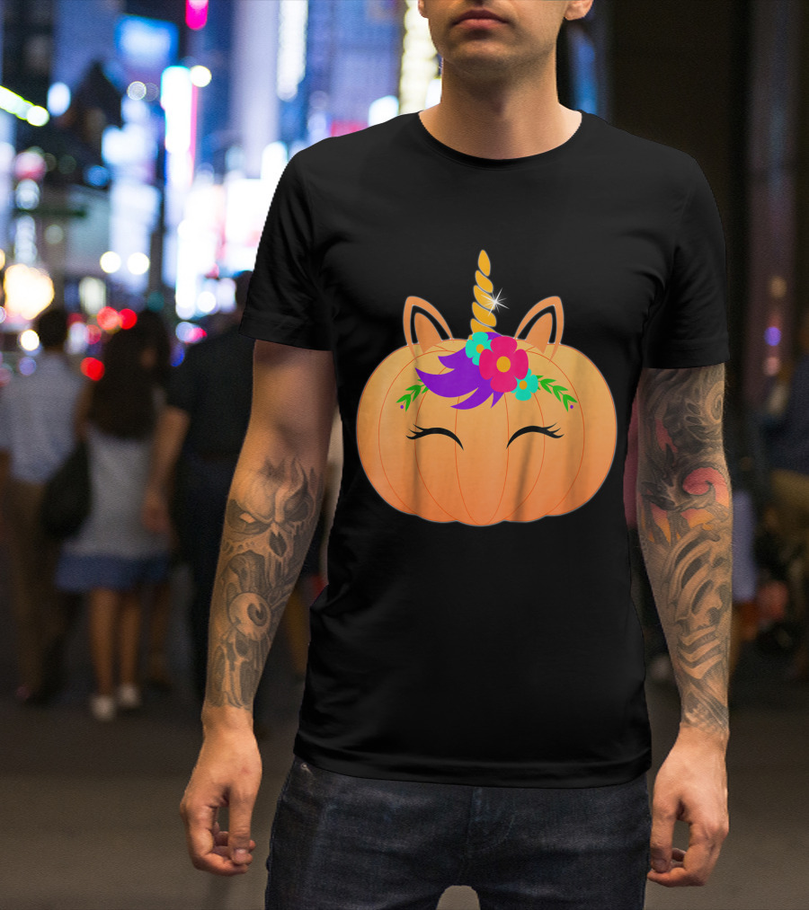 Kids Halloween Unicorn Pumpkin With Floral Decor T-Shirt