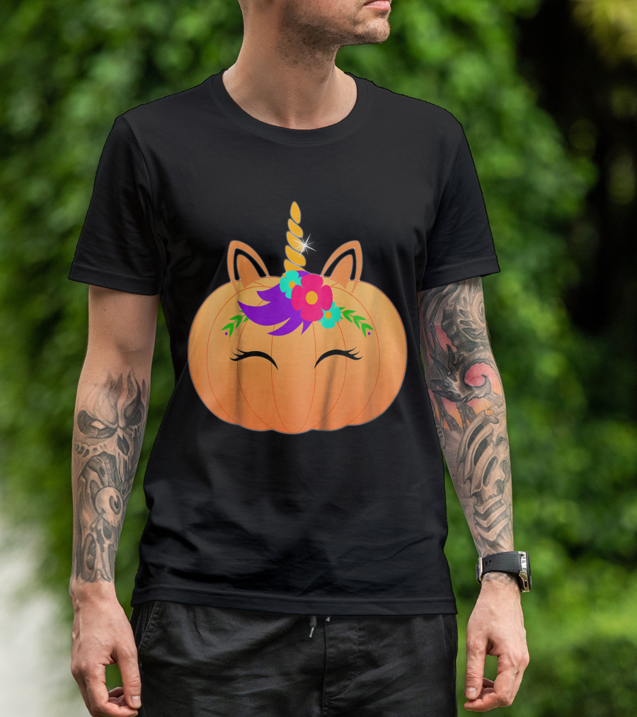 Kids Halloween Unicorn Pumpkin With Floral Decor T-Shirt