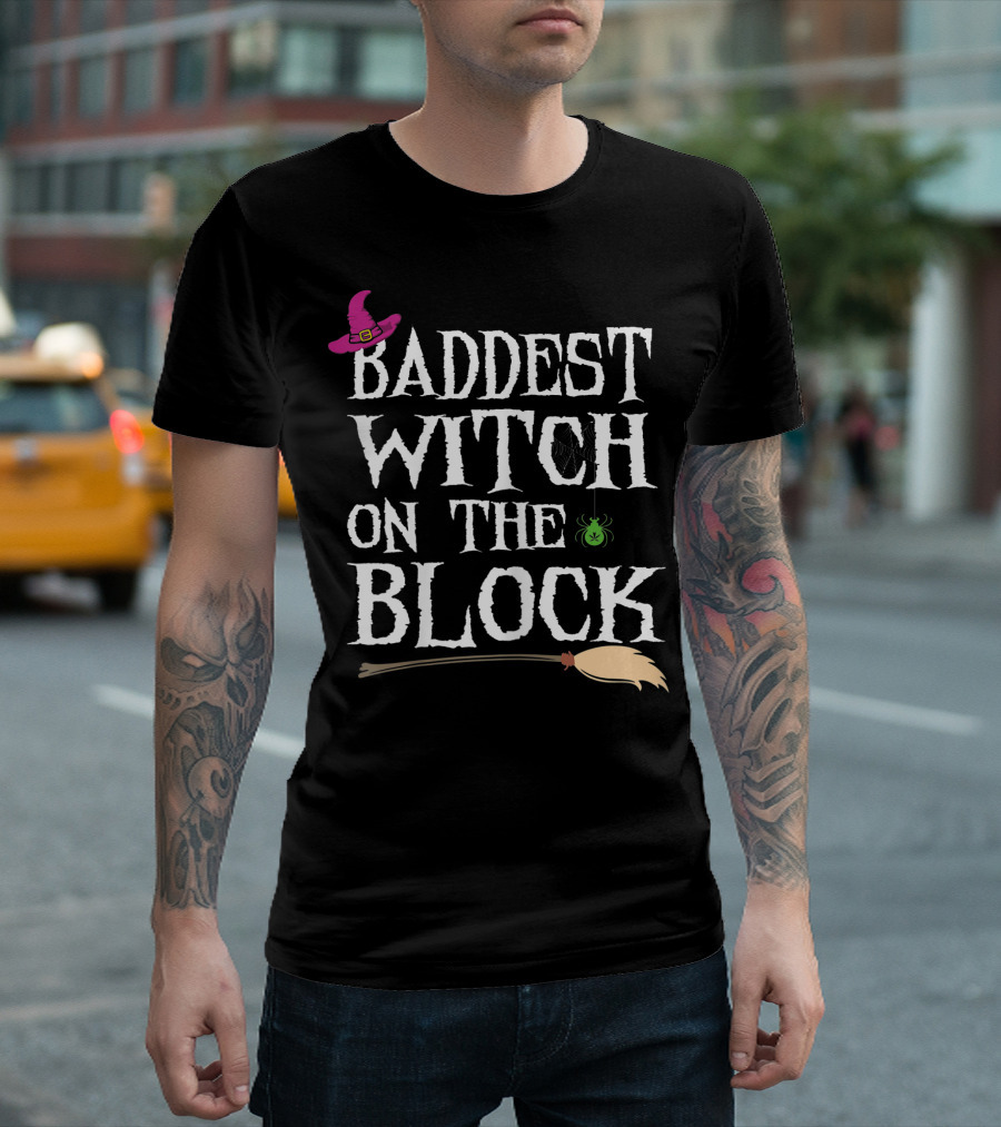 Baddest Witch on the Block Pink Hat Green Spider Broomstick T-Shirt
