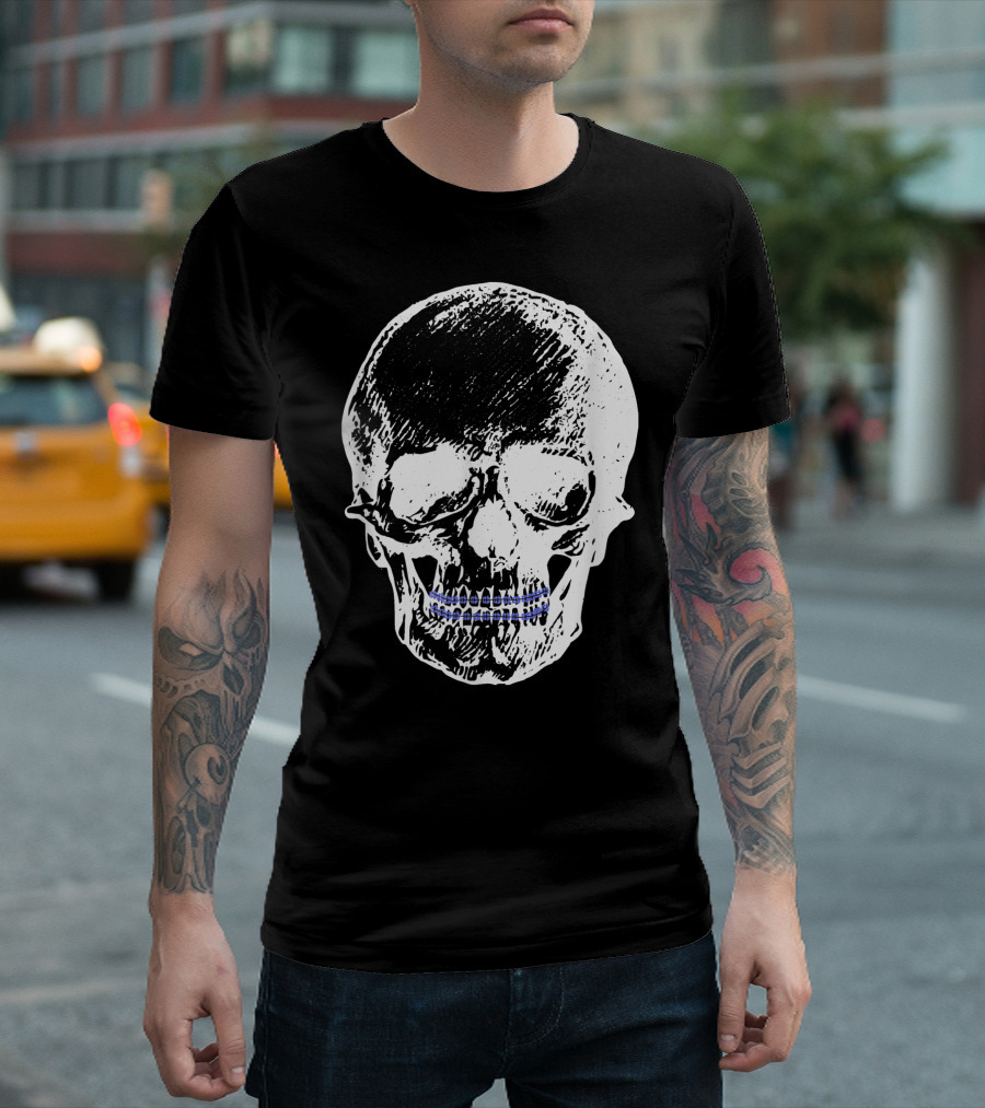 Creepy Skull With Braces Cool Black White Blue T-Shirt
