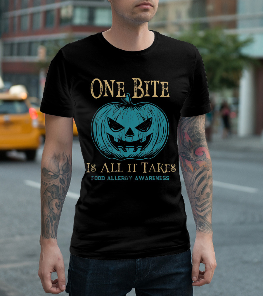 One Bite Is All It Takes Food Allergy Awareness Teal Pumpkin Halloween Scary T-Shirt