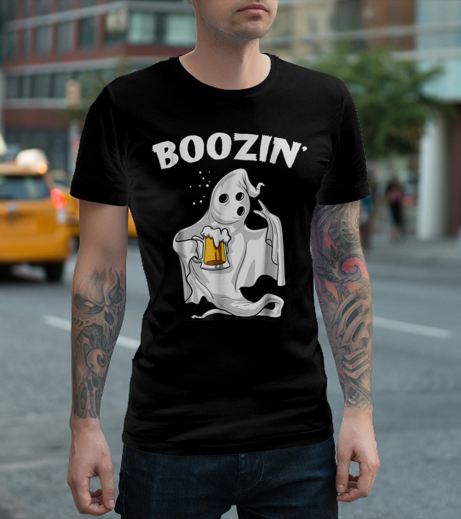 Boozin Ghost Halloween Funny Beer Drinking Party T-Shirt