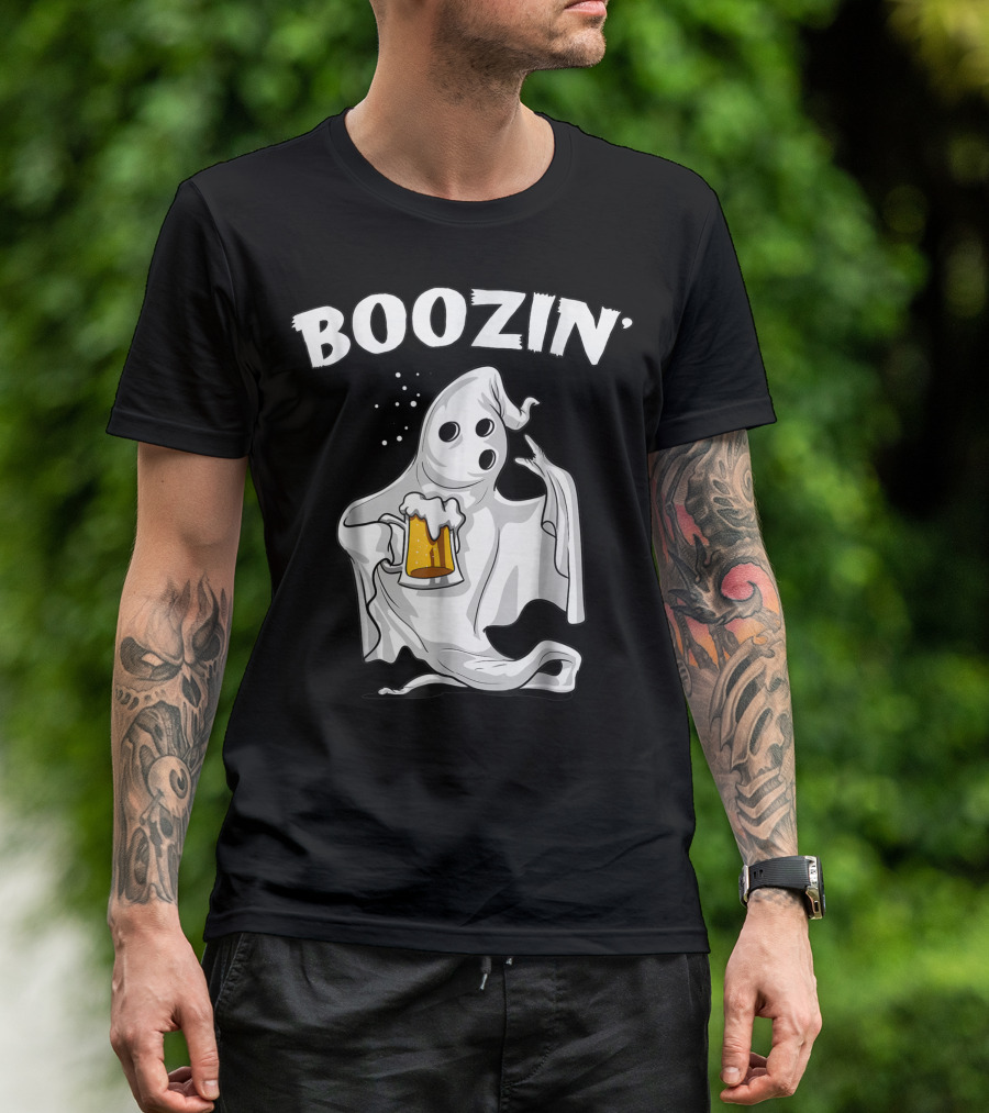 Boozin Ghost Halloween Funny Beer Drinking Party T-Shirt
