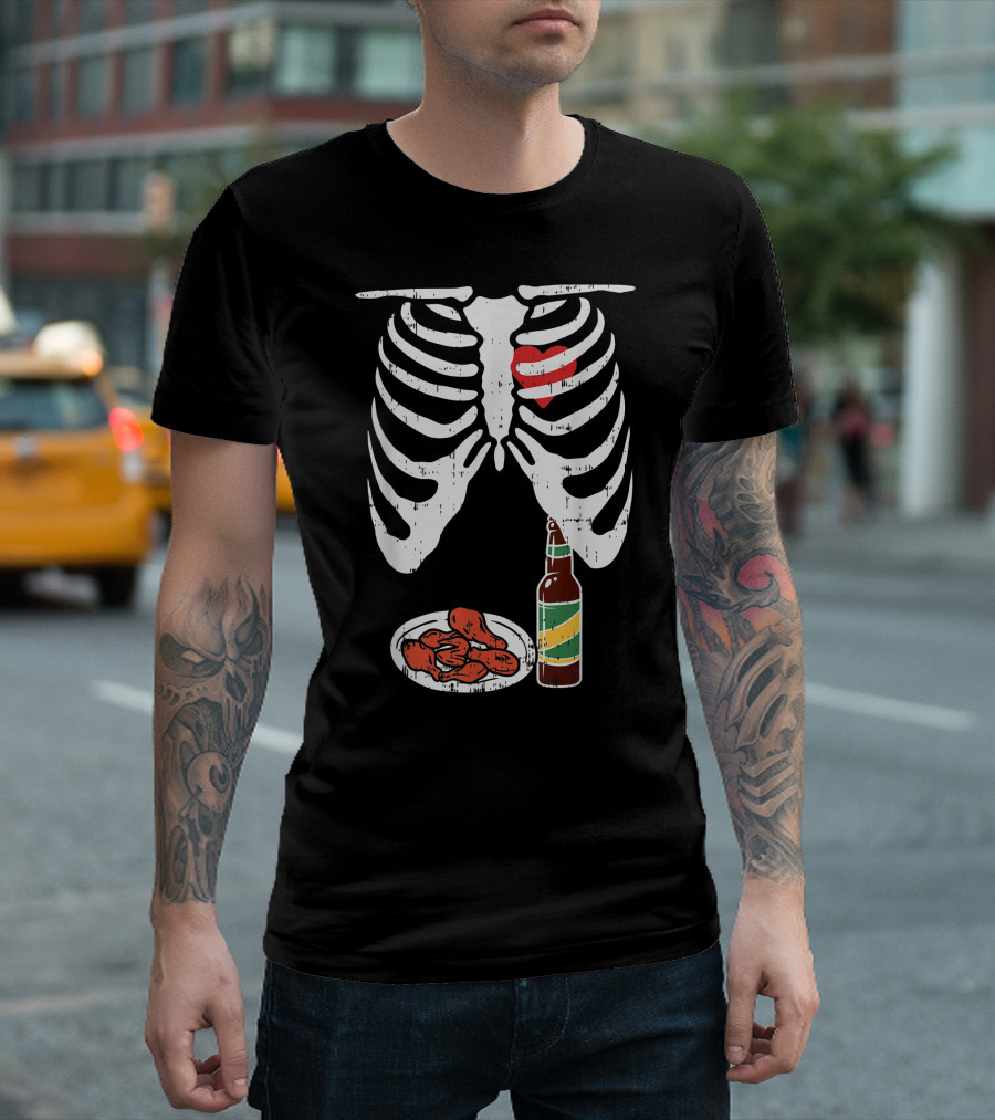 Skeleton Ribs Chicken Wings Beer Bottle Pregnancy Dad T-Shirt