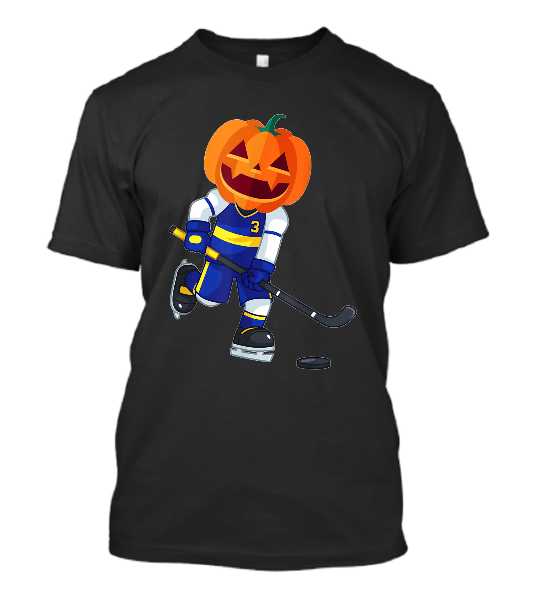 Halloween Pumpkin Head Ice Hockey Player Number 3 Scary T-Shirt
