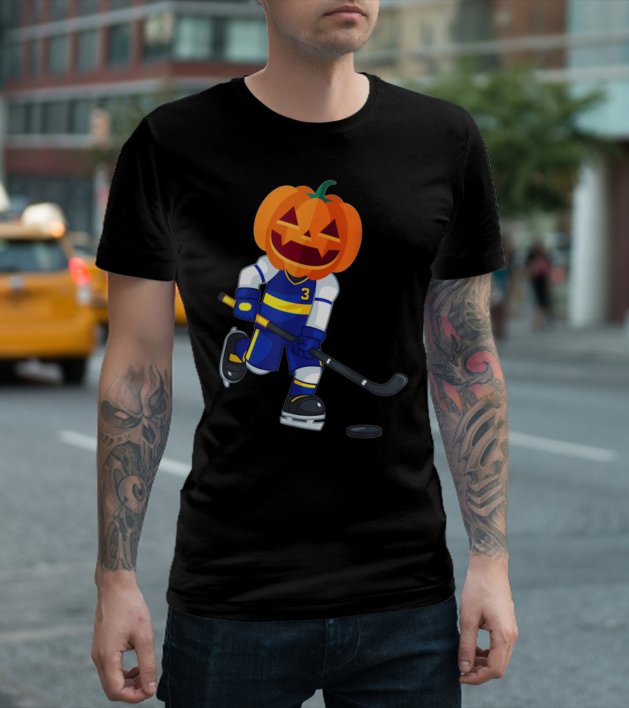 Halloween Pumpkin Head Ice Hockey Player Number 3 Scary T-Shirt