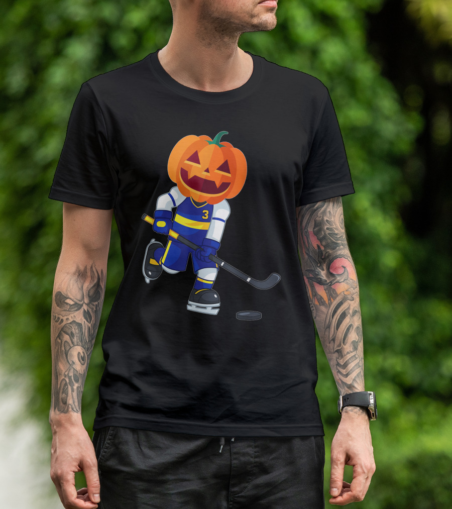 Halloween Pumpkin Head Ice Hockey Player Number 3 Scary T-Shirt