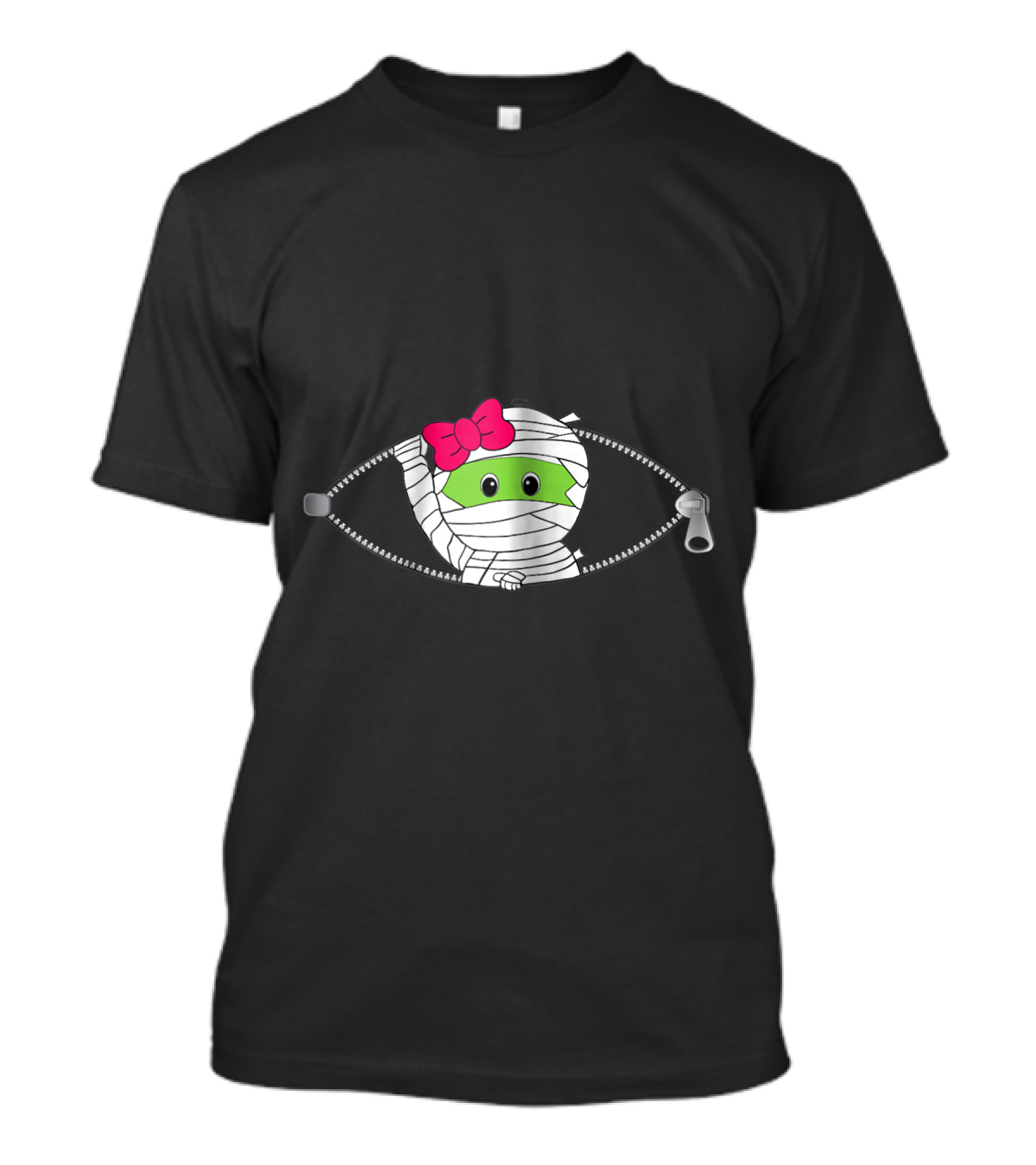 Pregnant Halloween Baby Girl Mummy With Pink Bow Zipper Peeking Out T-Shirt