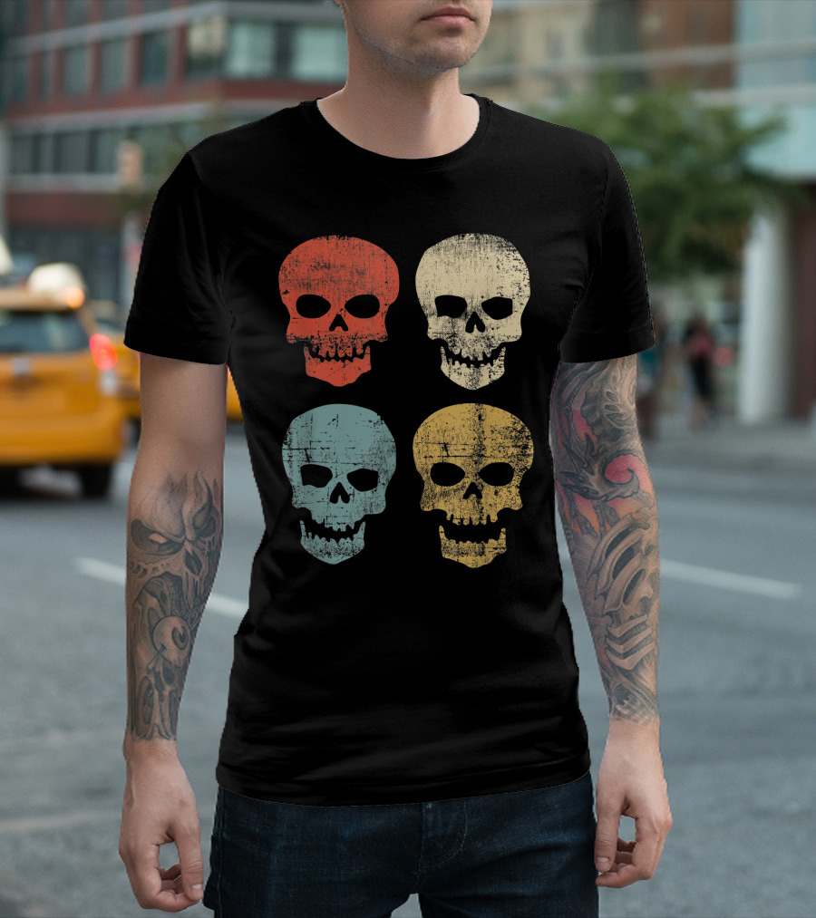 Vintage Skull Pop Art Style Four Colored Skulls T-Shirt