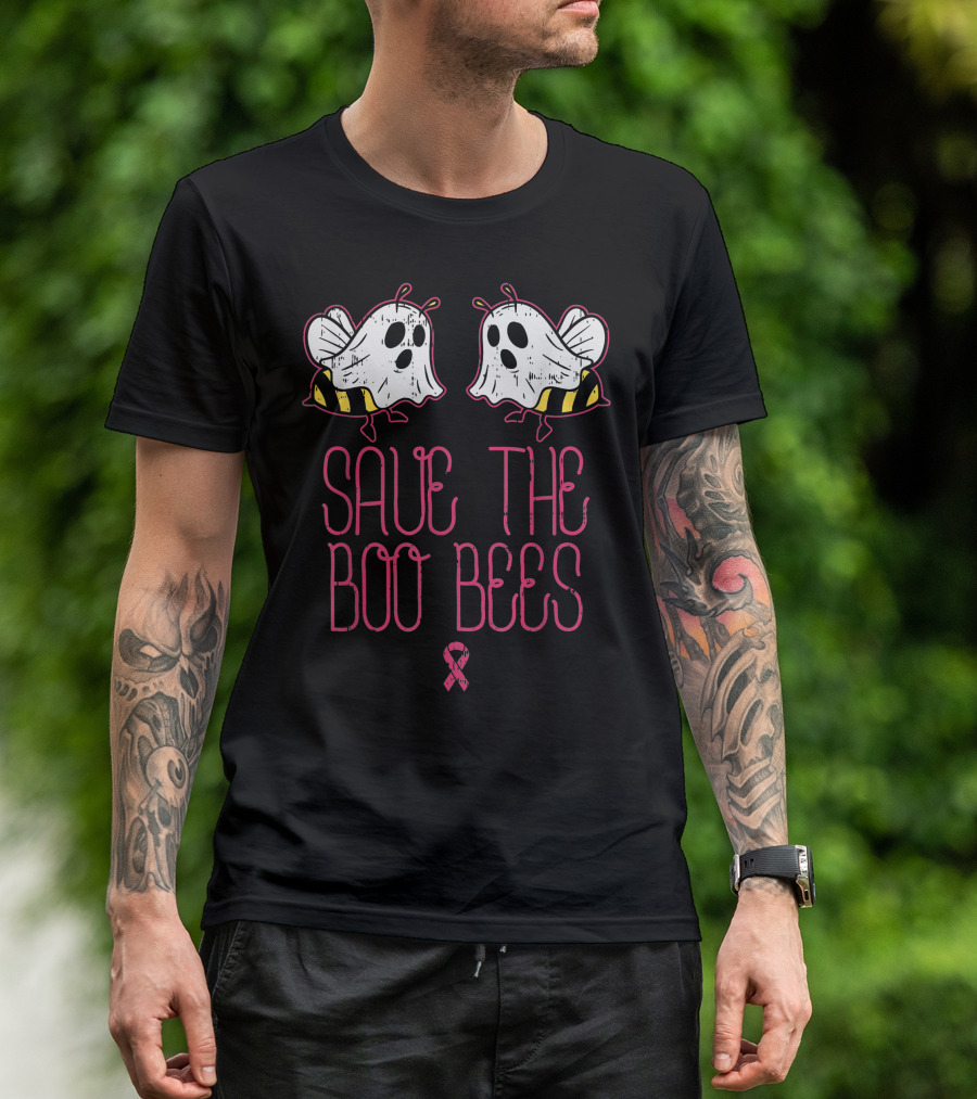 Save The Boo Bees Breast Cancer Awareness With Pink Ribbon And Ghostly Bees T-Shirt
