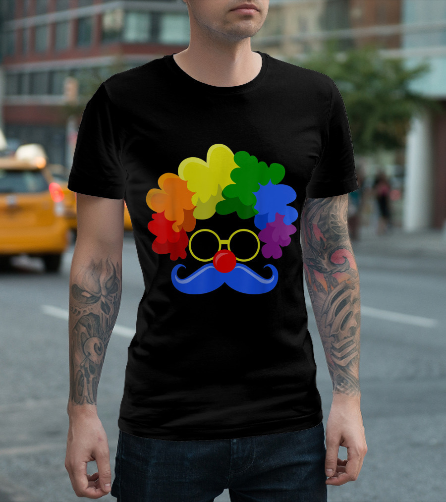 Halloween Clown Face Colorful Wig Moustache Glasses Nose T-Shirt