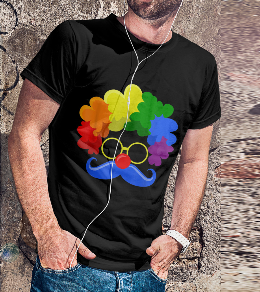Halloween Clown Face Colorful Wig Moustache Glasses Nose T-Shirt